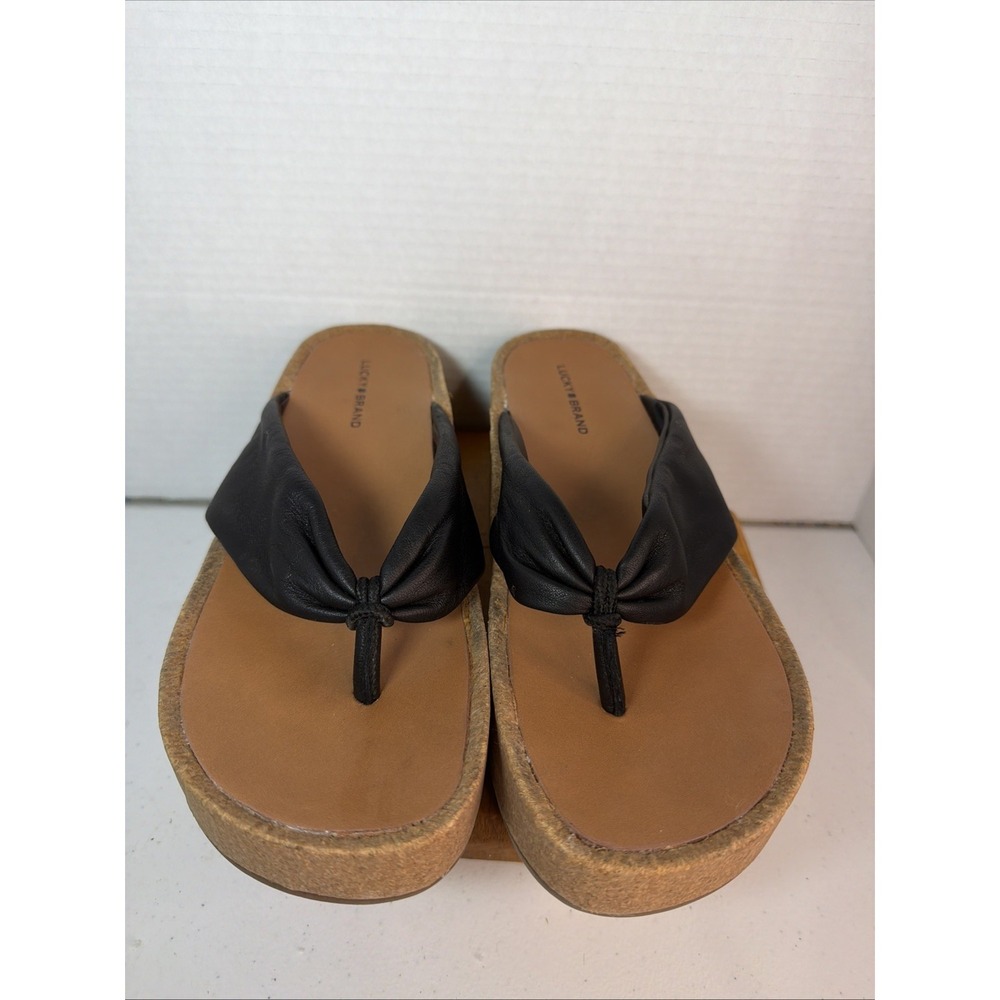 Lucky Brand Womens Size 8.5 Lellina Corck Platform Wedge Thong Sandal Black